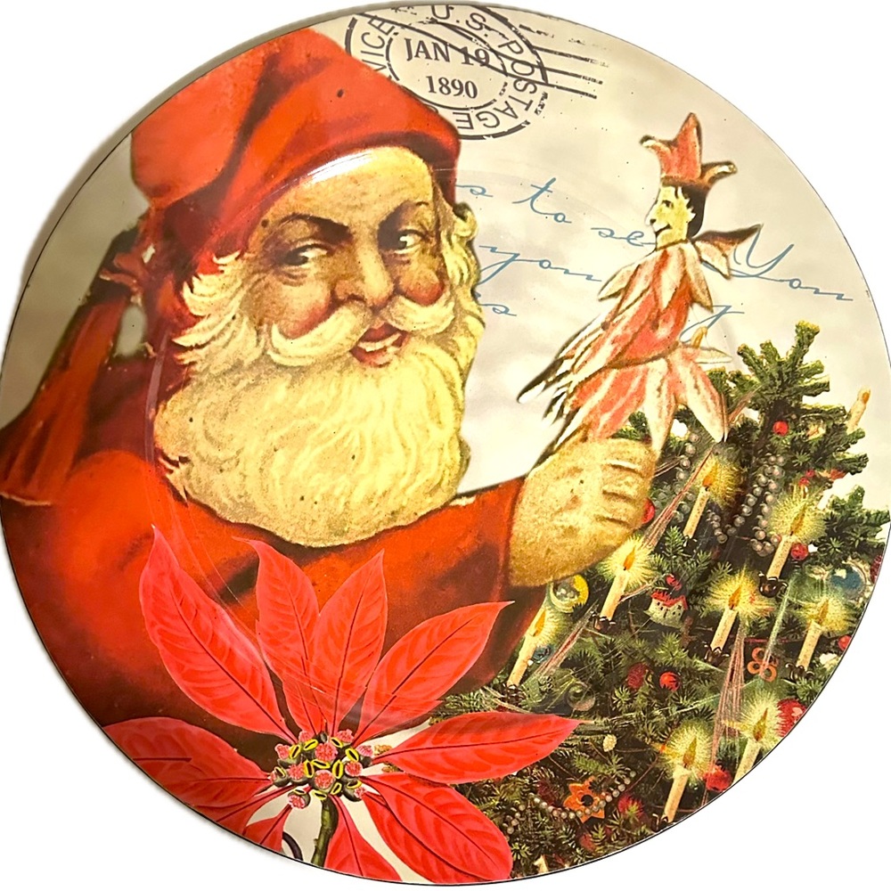SET OF 4 DECORATIVE CHRISTMAS SANTA VTG POSTCARD SCENE W/TREE CHARGERS 12 7/8”